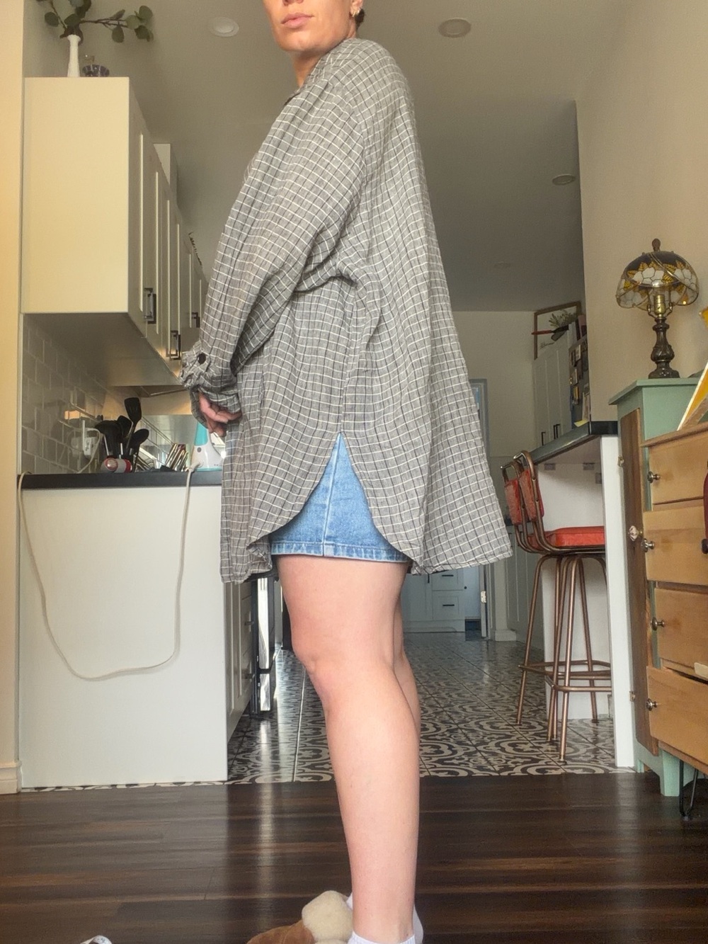 Flax Windowpane Linen Shirt Dress in Gray, black and Cream plaid - Picture 16 of 17